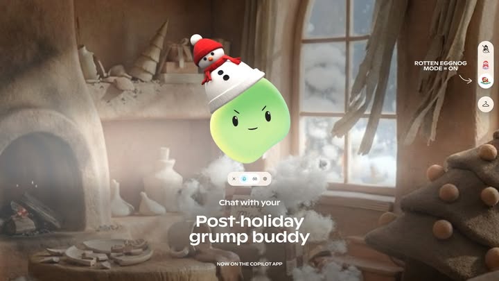 Green Rotten Eggnog Mico floats in a cluttered living room with the text ‘Post-holiday grump buddy'