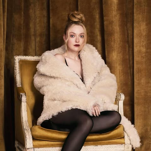 May be an image of one or more people, blonde hair, makeup, sable coat, chaise lounge, tights and text