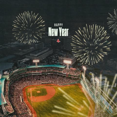 An overhead shot of a full Fenway Park during a 2025 Red Sox night game shows illustrated fireworks above the ballpark with text reading "Happy New Year."