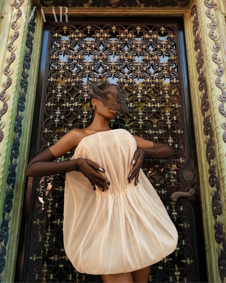 May be an image of dress, gown and text